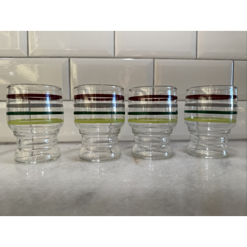 Vintage Set of Four (4) LIBBEY Juice Glasses 3.5" Multicolored Stripe Footed MCM